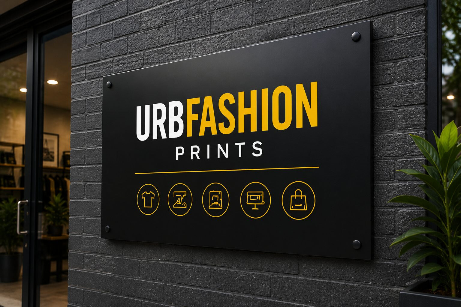 Custom black shop front sign board with URB Fashion Prints branding