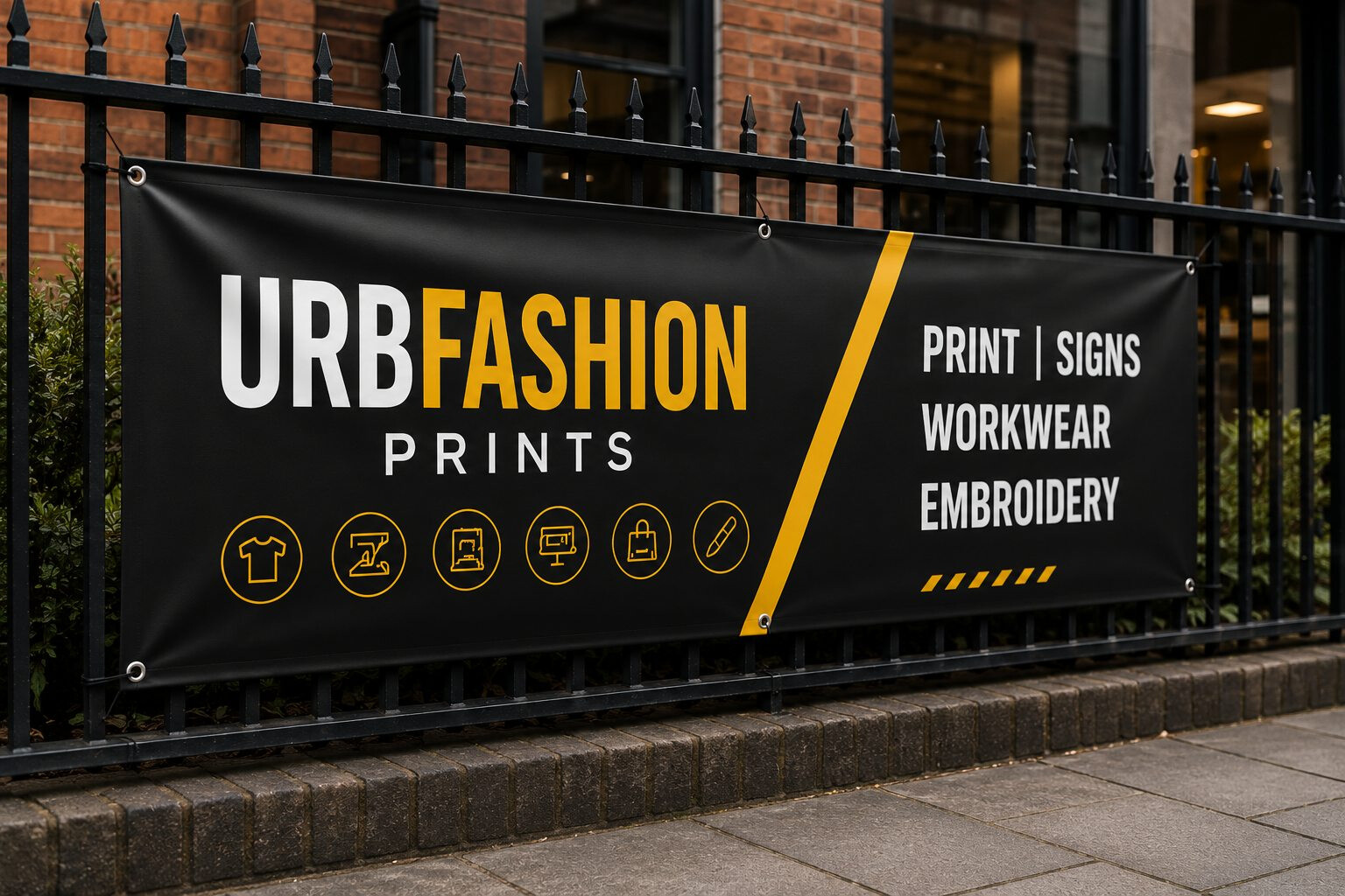 Outdoor business signage banner promoting print signs workwear and embroidery
