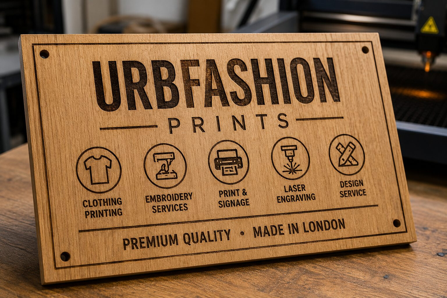 Wood effect business sign example for shop and studio branding