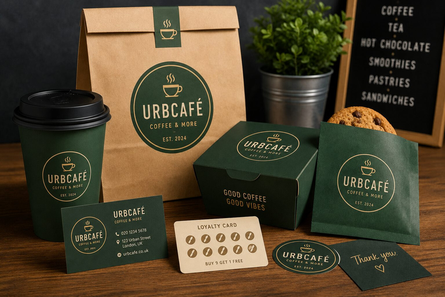 Cafe menu board and branded packaging examples for business signage