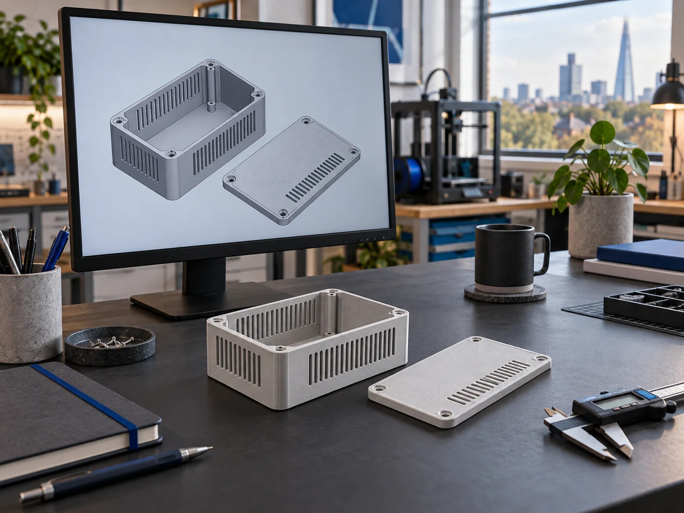 Illustrative 3D design workstation with a digital enclosure and printed prototype