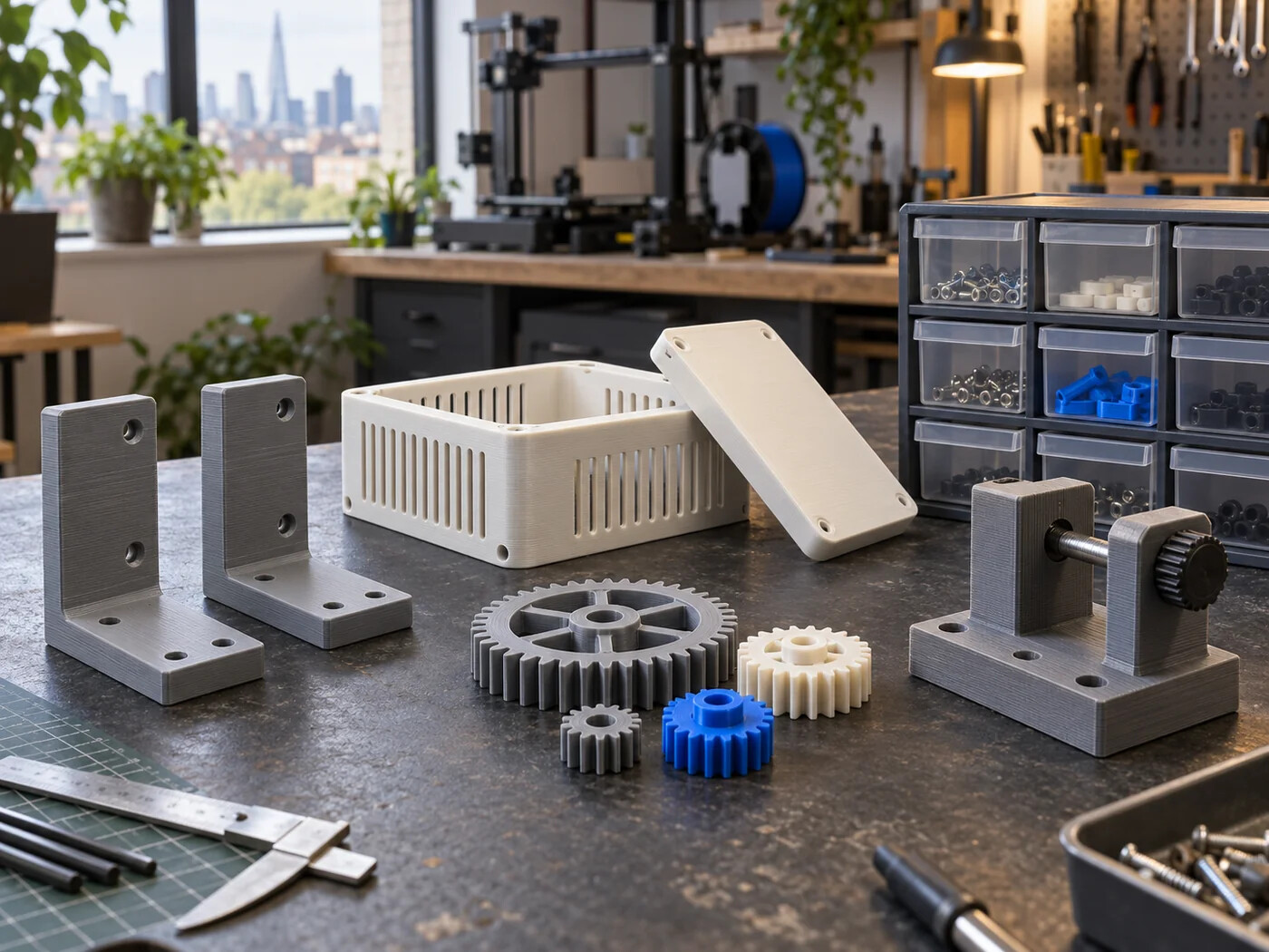 Collection of FDM-printed functional brackets, gears and enclosures