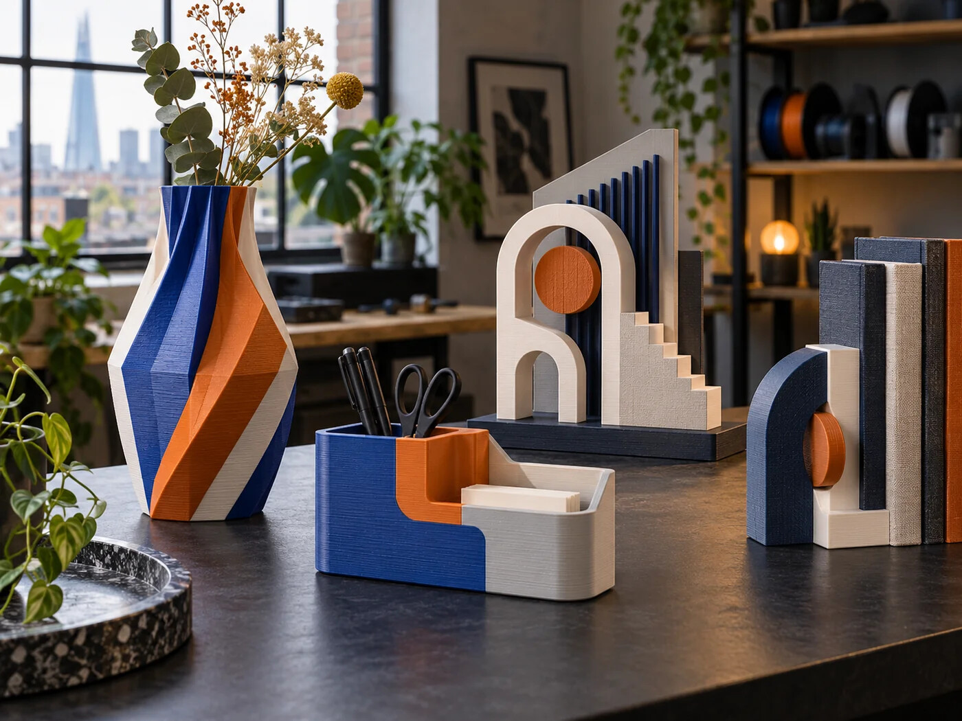 Collection of modern multicolour 3D-printed desk and home accessories