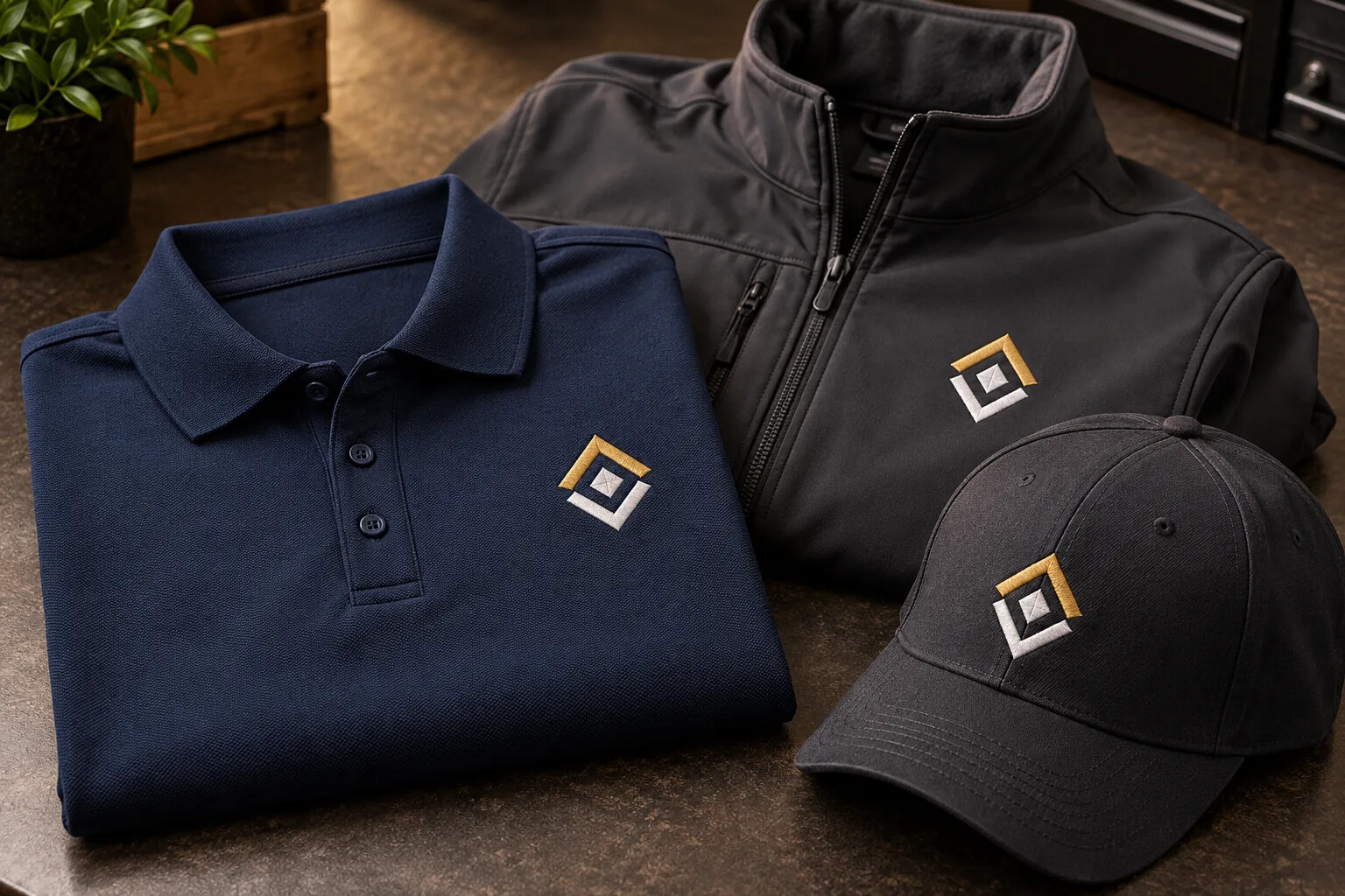 Illustrative embroidered navy polo, charcoal softshell jacket and cap with stitched logos