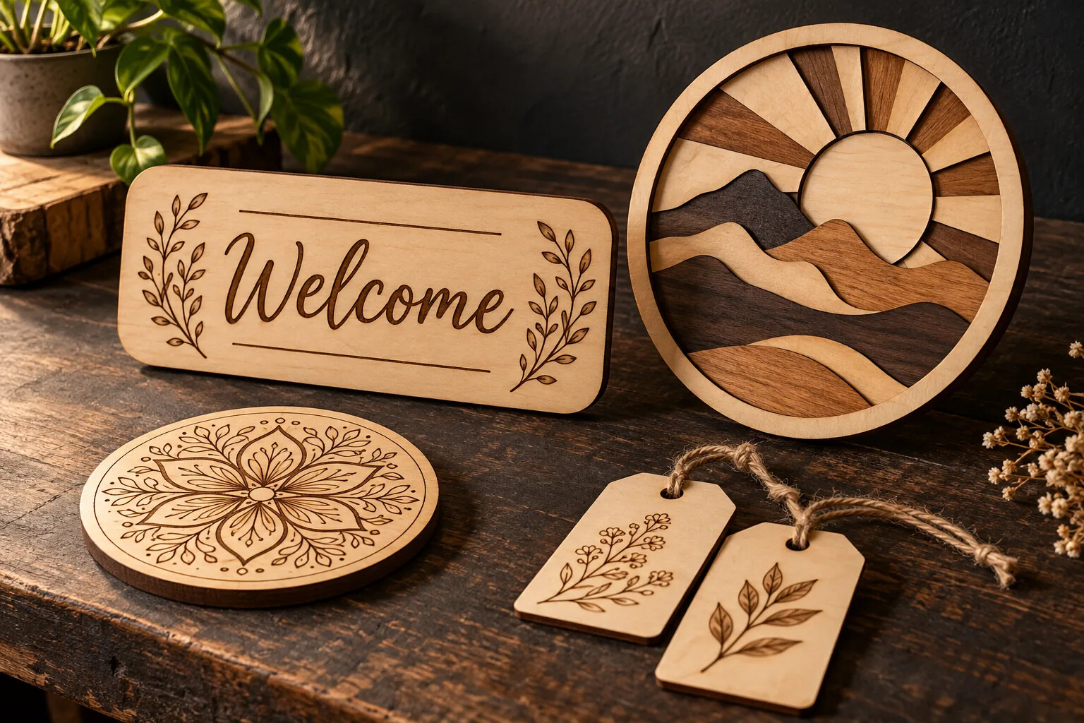 Illustrative laser-engraved wooden welcome plaque, patterned coaster, layered wall art and gift tags