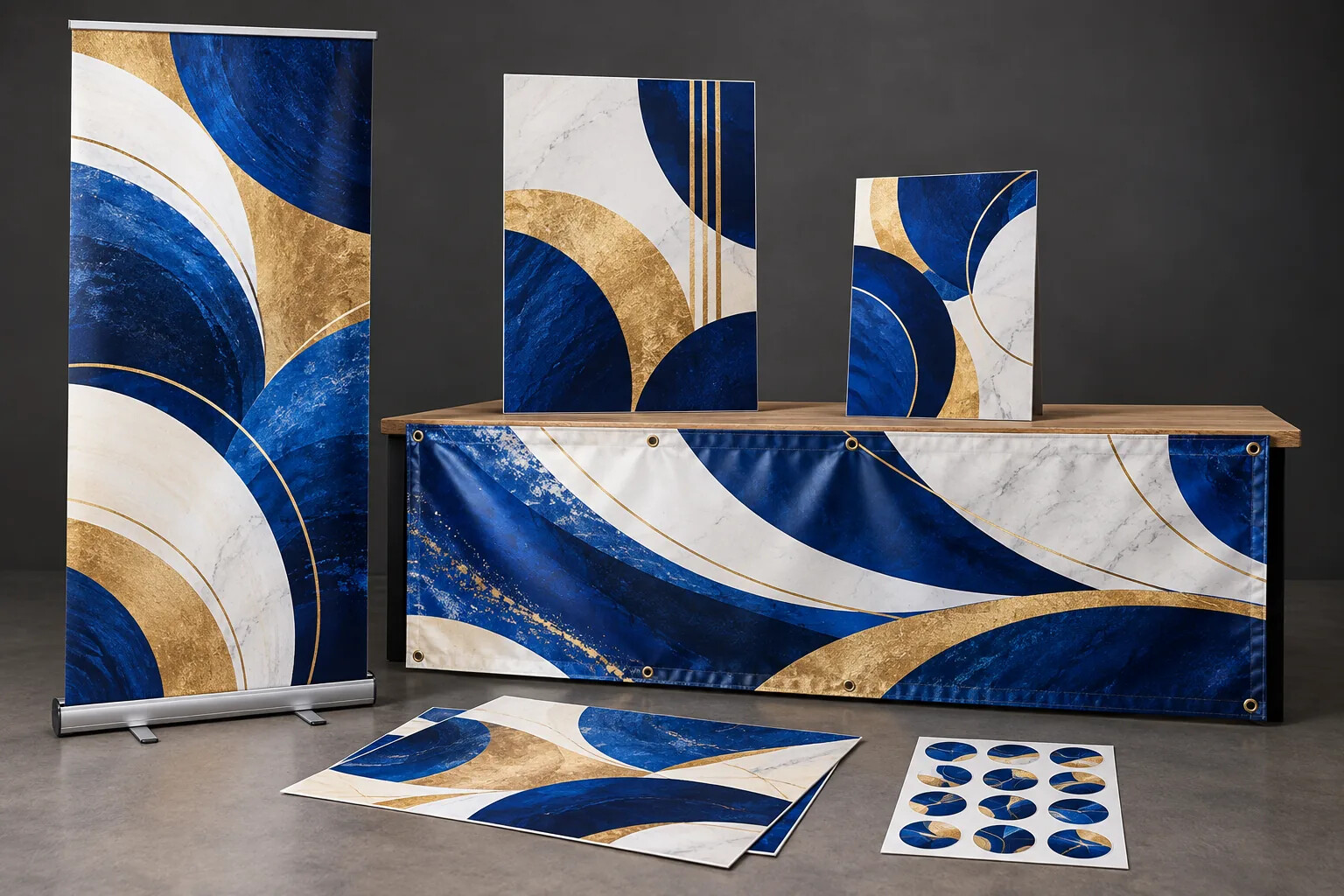 Illustrative roller banner, PVC banner, printed sign boards, posters and stickers