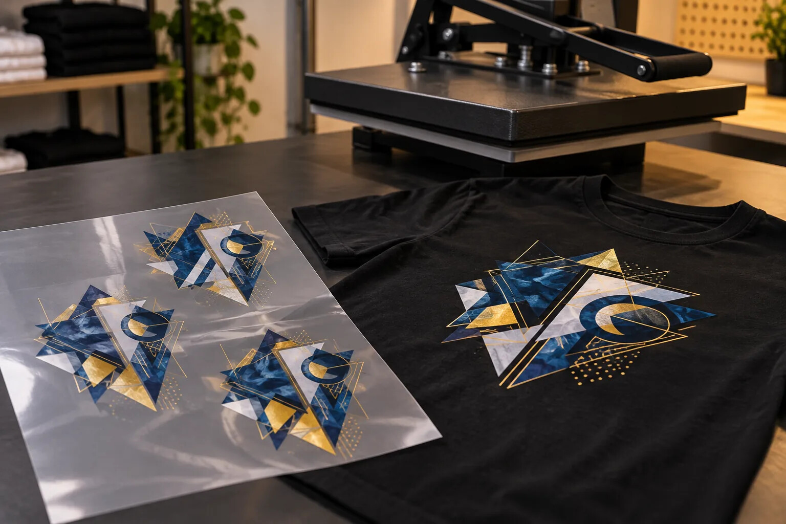 Illustrative DTF transfer sheet and printed black T-shirt beside a garment heat press