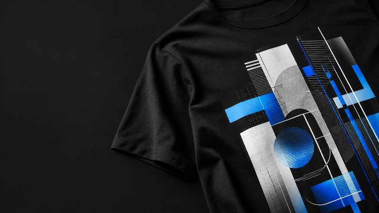 Close-up of a colourful DTF print on a black cotton T-shirt