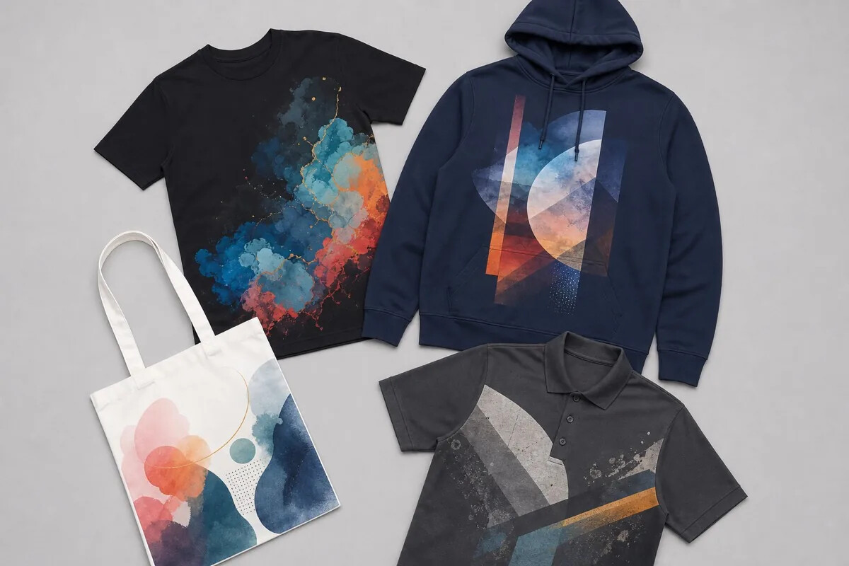 T-shirt, hoodie, tote bag and workwear polo with full-colour DTF prints