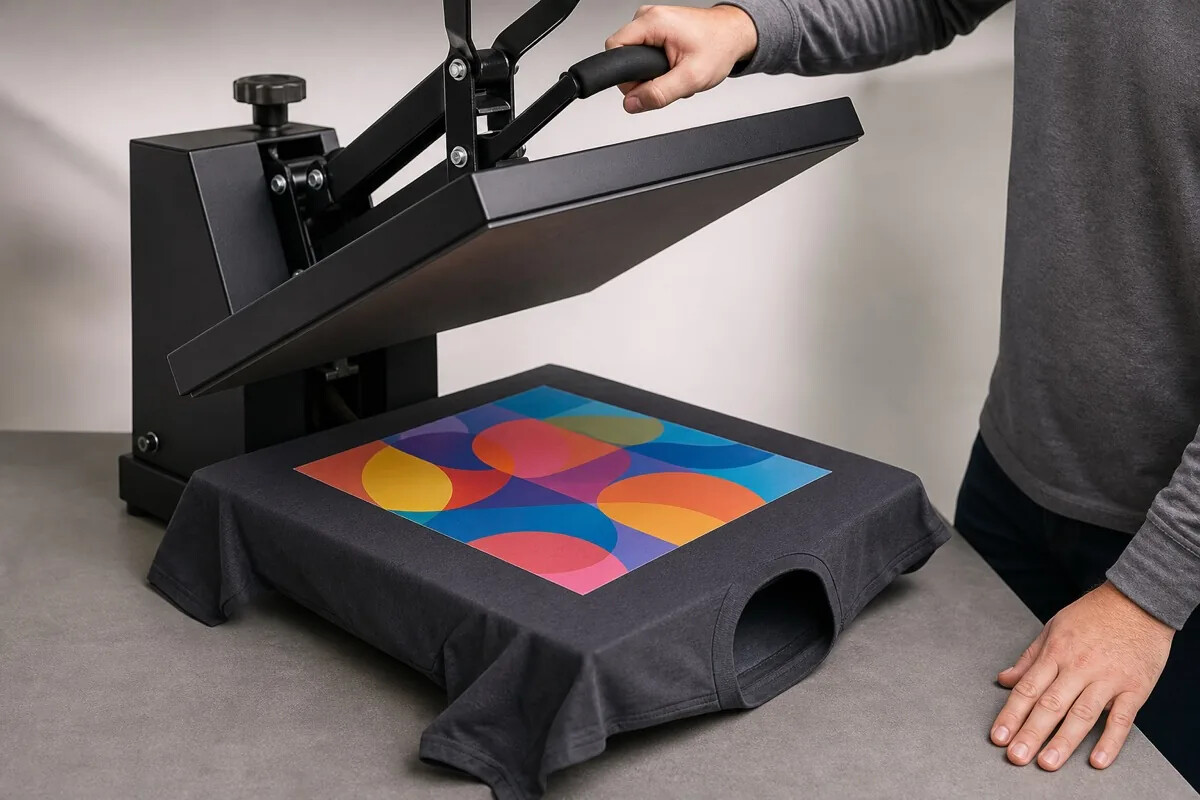 Illustration of a DTF transfer being applied to a T-shirt with a heat press